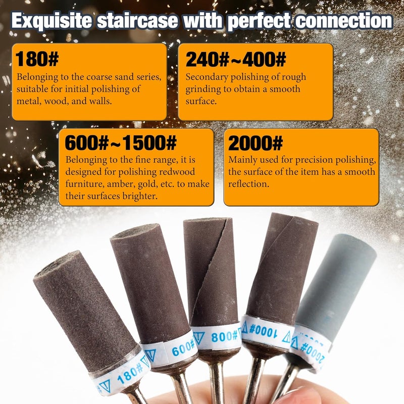 Funria 24Pcs Sanding Drums Sandpaper Sticks Set for Dremel Rotary Tools with 1/8"(3mm) Shank, 180/240/400/600/800/1000/1500/2000 Grits Sanding Bits for Wood Plastic Metal Rust Removal Polishing and Grinding - Image 4